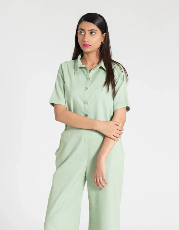 JACQUARD PANELED CROPPED SHIRT