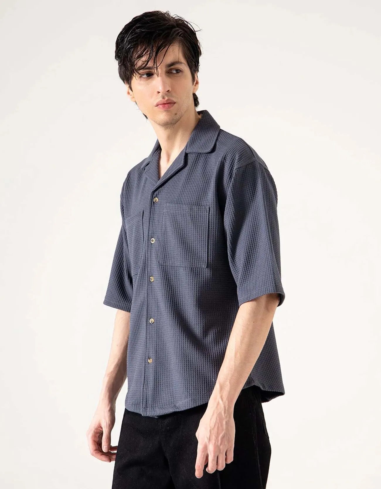 CAMP COLLAR WAFFLE HALF SLEEVES SHIRT