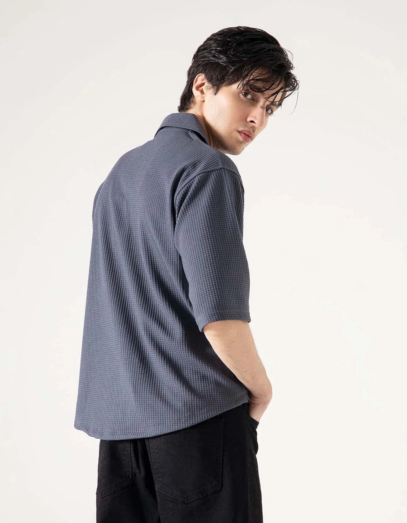 CAMP COLLAR WAFFLE HALF SLEEVES SHIRT