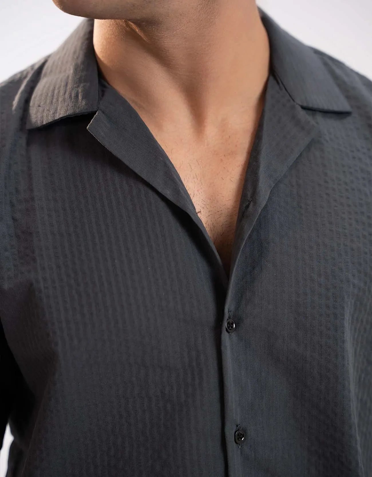 TEXTURED STRIPED CAMP COLLAR SHIRT