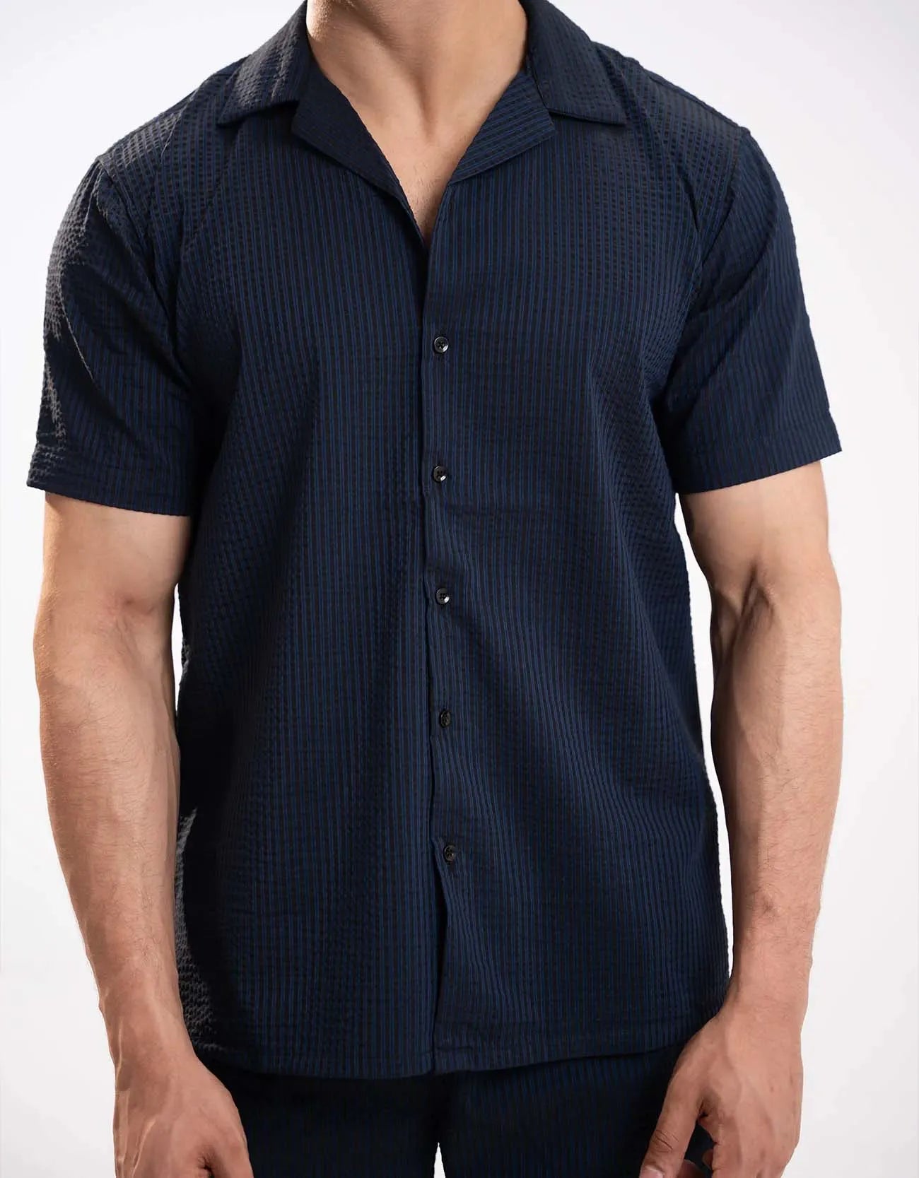 TEXTURED STRIPED CAMP COLLAR SHIRT