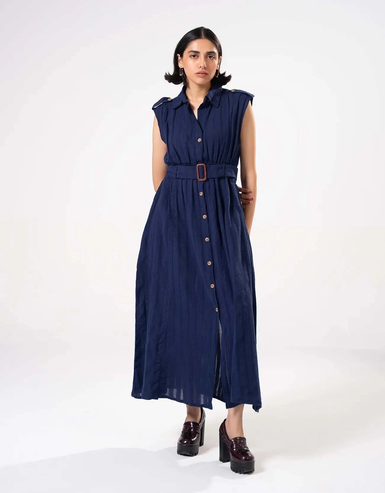 TEXTURED BUTTON DOWN DRESS