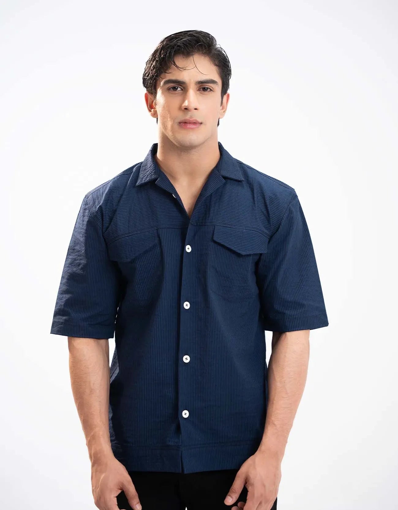 STRIP PATTERN SEERSUCKER FLAP POCKET SHIRT