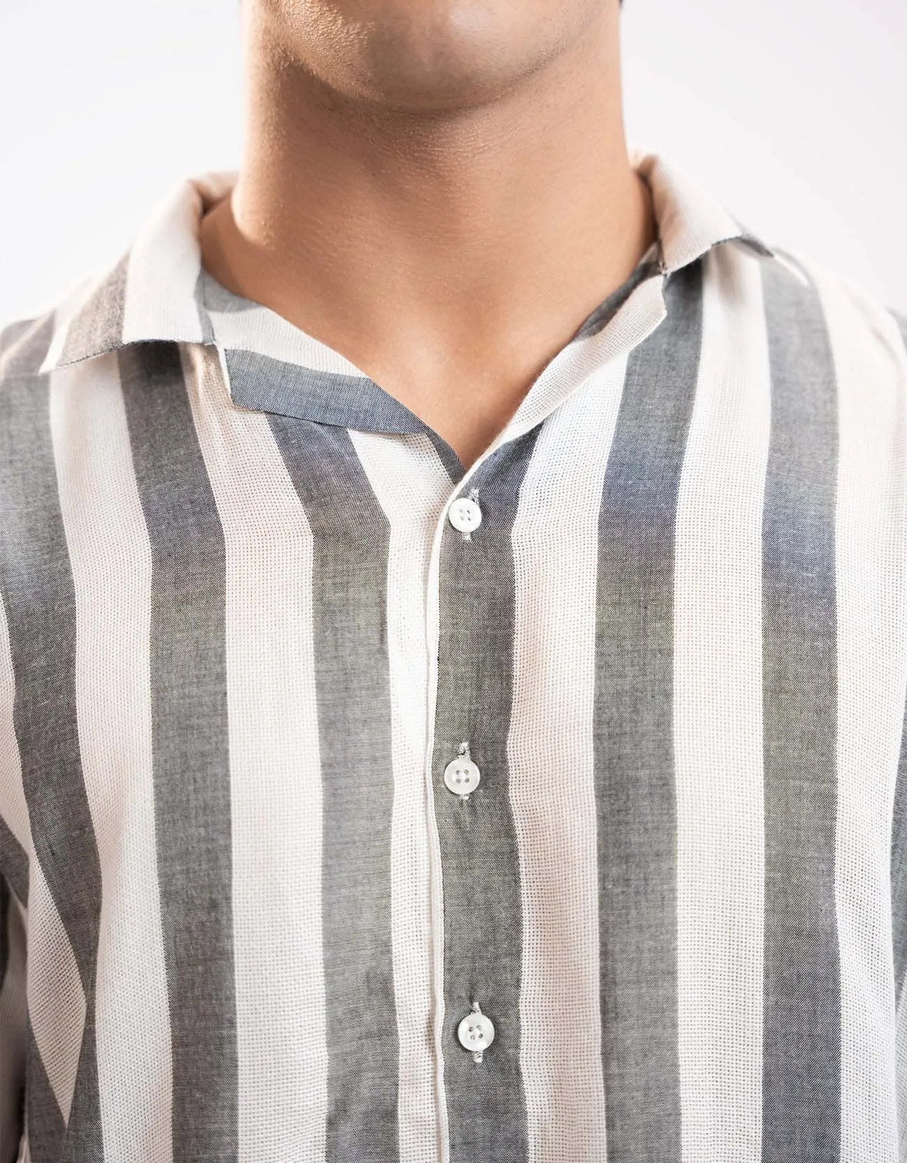 TEXTURED STRIPED CAMP COLLAR SHIRT