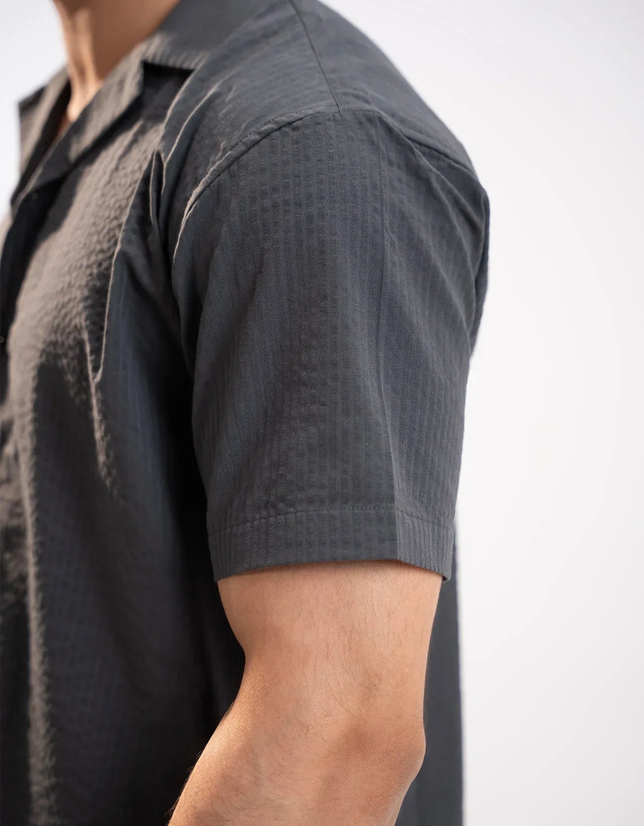 TEXTURED STRIPED CAMP COLLAR SHIRT