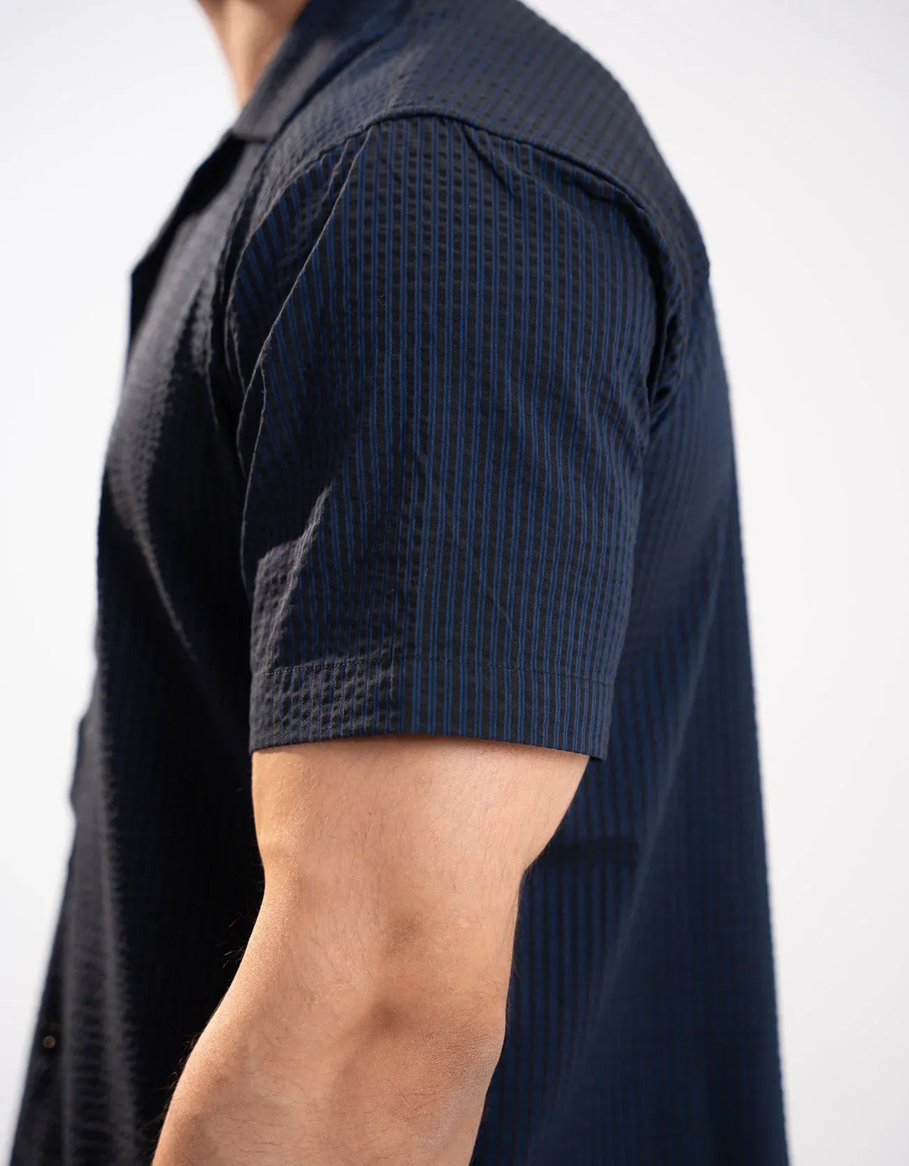 TEXTURED STRIPED CAMP COLLAR SHIRT