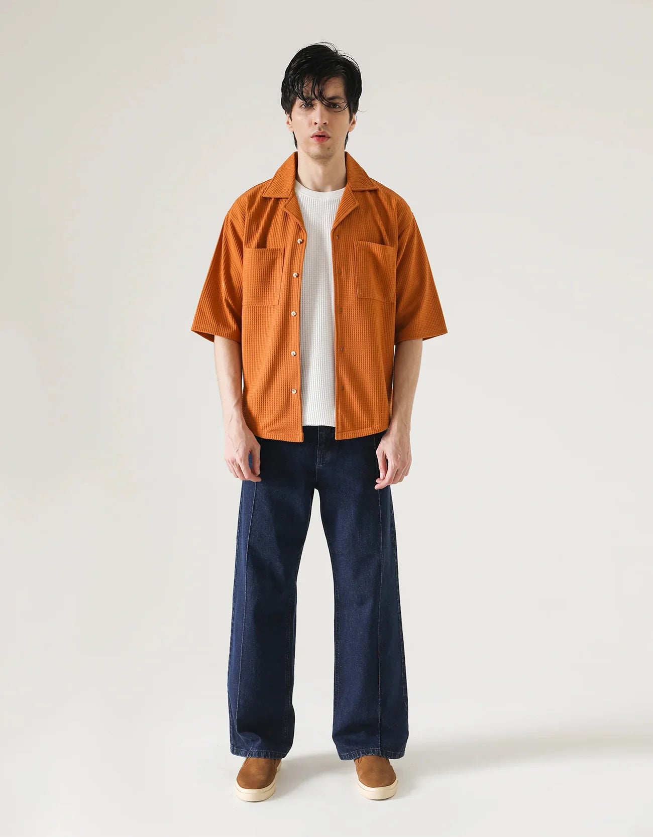 CAMP COLLAR WAFFLE HALF SLEEVES SHIRT